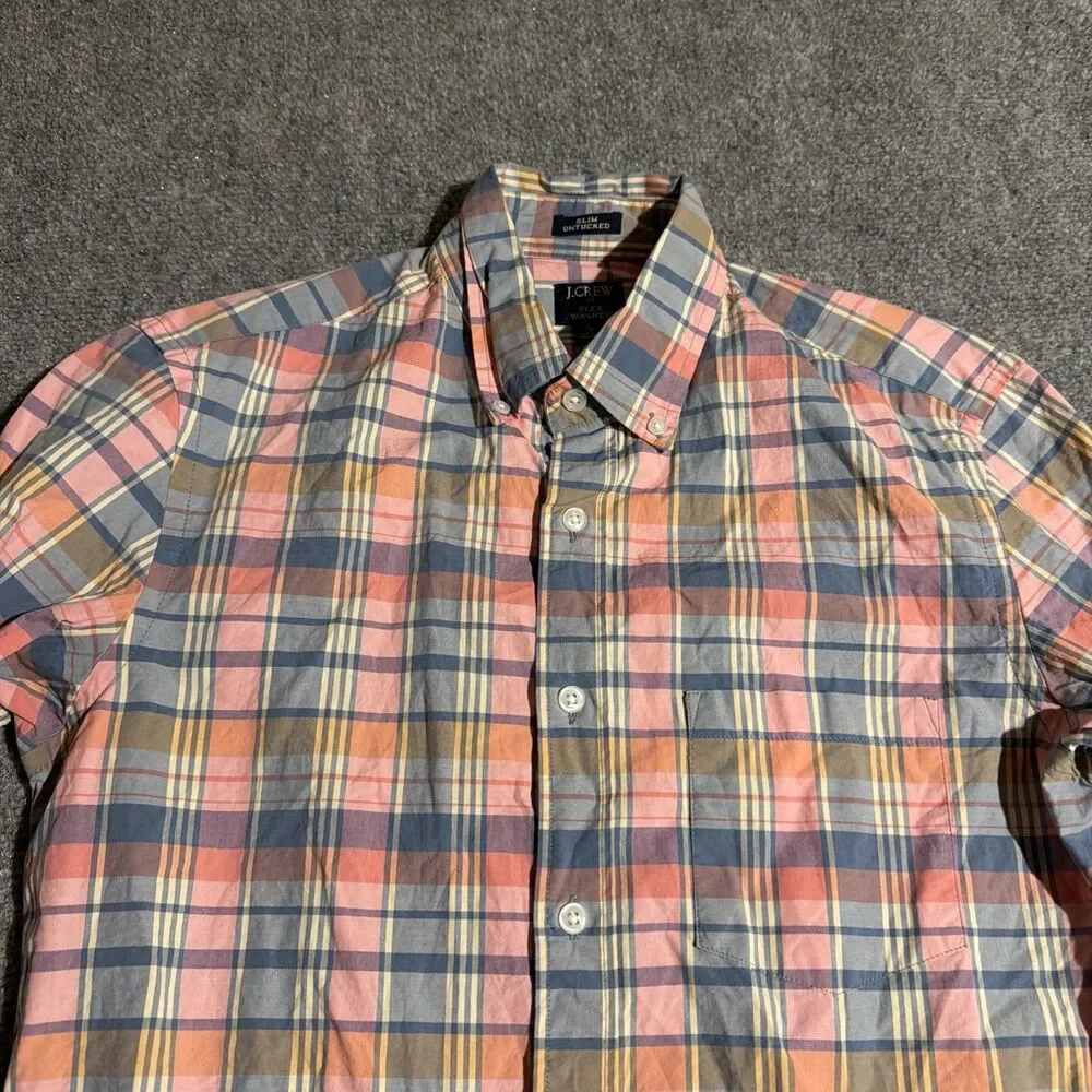 J Crew Shirt Mens Small Pink Plaid Slim Untucked Button Down Flex Washed